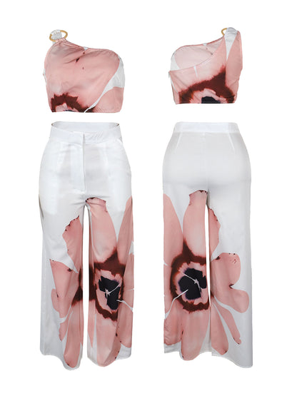 Two Piece One-Shoulder Floral Print Pants Set