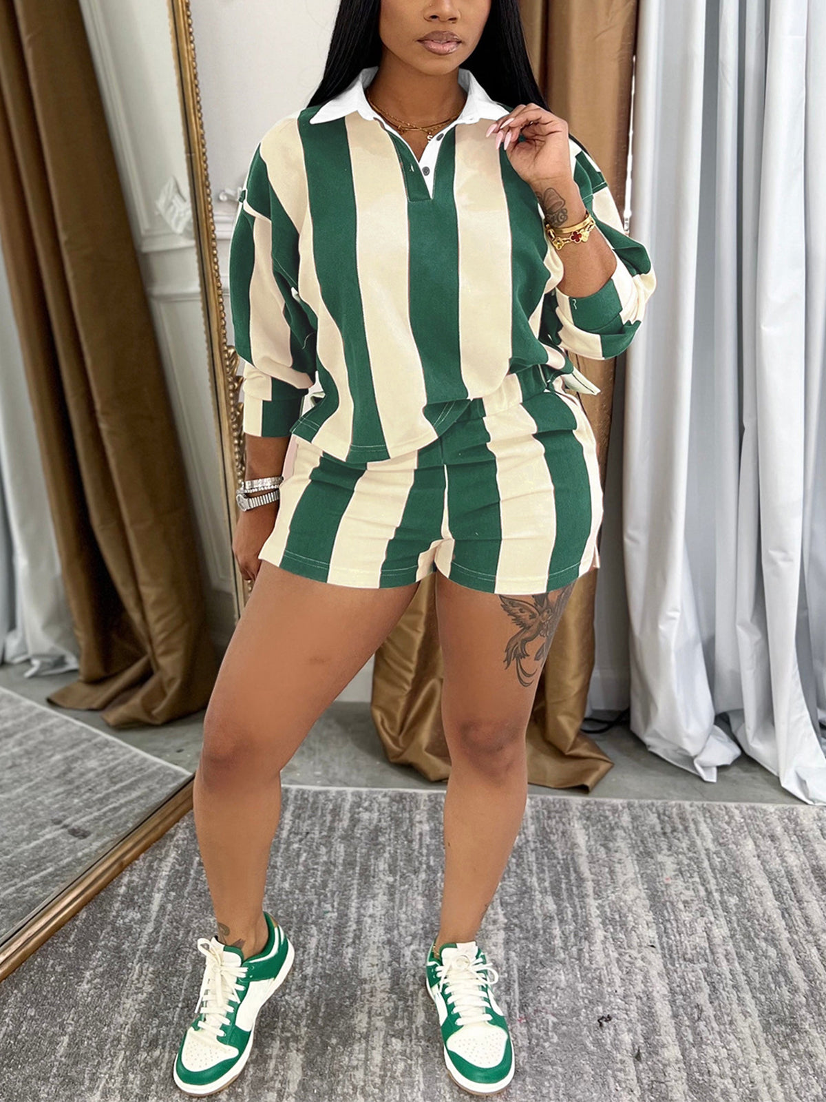 Striped Polo Crop Top Shorts Set