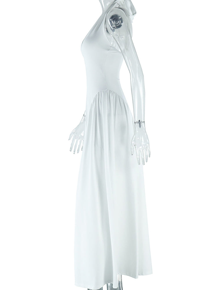 Elegant Halter Neck Solid Color Dress