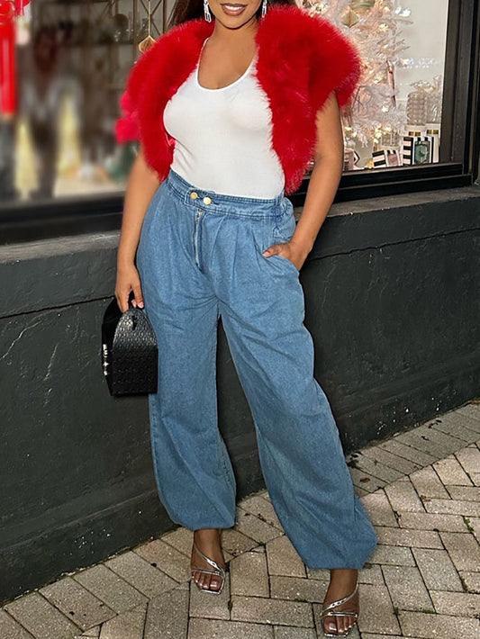 Elastic Waist Drawstring Denim Pants