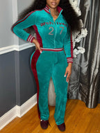 Embroidered Velvet Jacket Flare Pants Set
