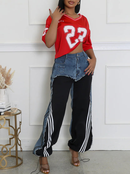 Stripe Patchwork Drawstring Denim Pants