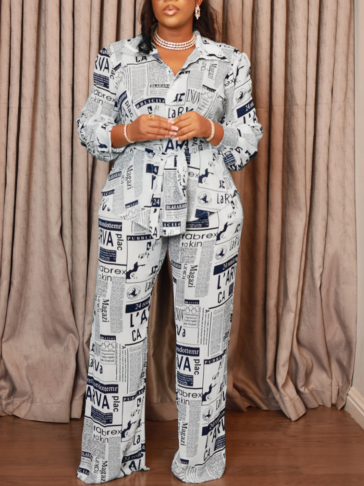 Newspaper Print Blazer Belted Pants Set