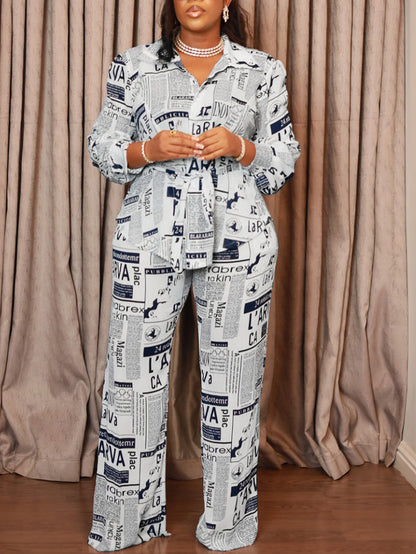 Newspaper Print Blazer Belted Pants Set