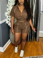 Colorblock Zip Top Shorts Set
