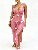 Crochet Flower Halter Backless Dress