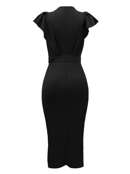V-Neck Ruffle Sleeve Bodycon Dress