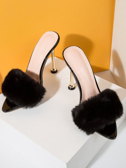 Faux Rabbit Fur Stiletto High Heel Sandals