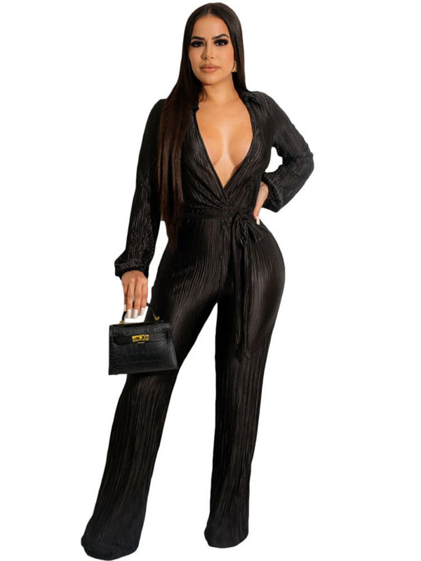 Long Sleeves Pleated Belted Jumpsuits