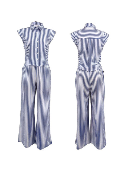 Striped Sleeveless Shirt Wide Leg Pants Set