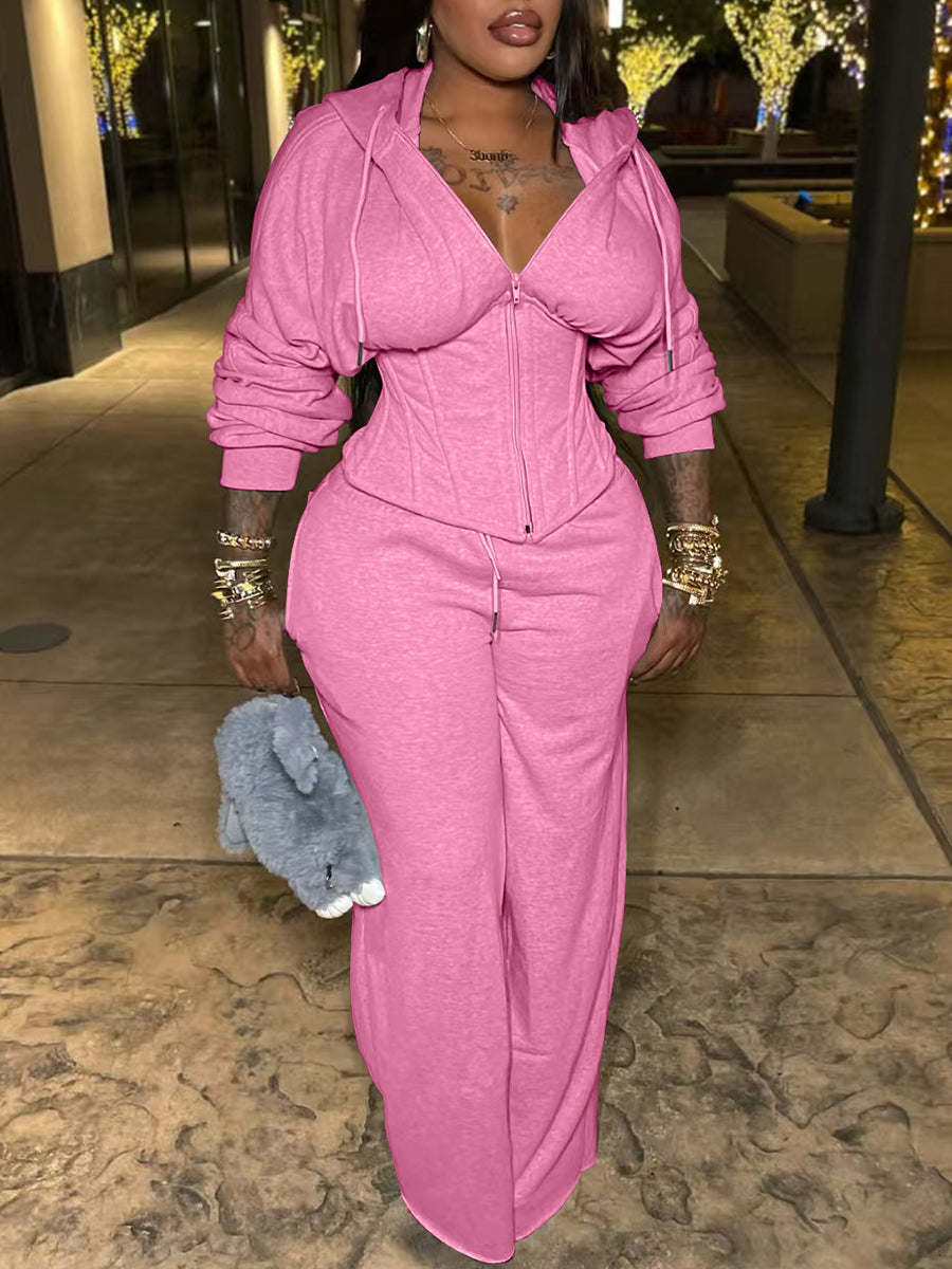 Zip-Up Hoodie Corset Waist Pants Set