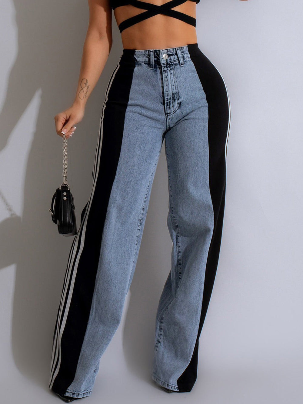 Patchwork Stripe Wide Leg Denim Pants