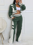 Zip Up Top Color Block Pants Set