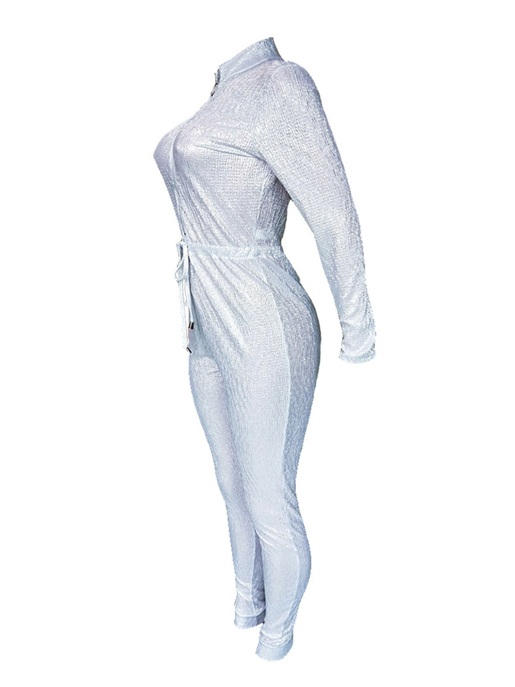Long Sleeve Sequin Belted Jumpsuit