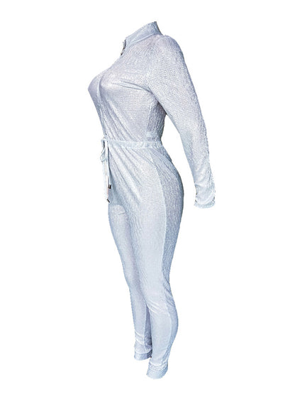 Long Sleeve Sequin Belted Jumpsuit