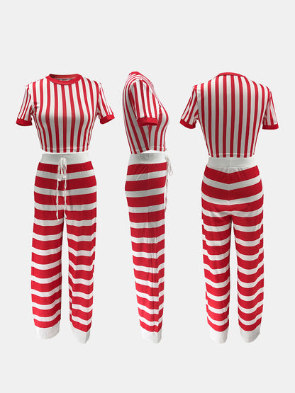 Two Pieces Striped Crop Top Wide Leg Pants