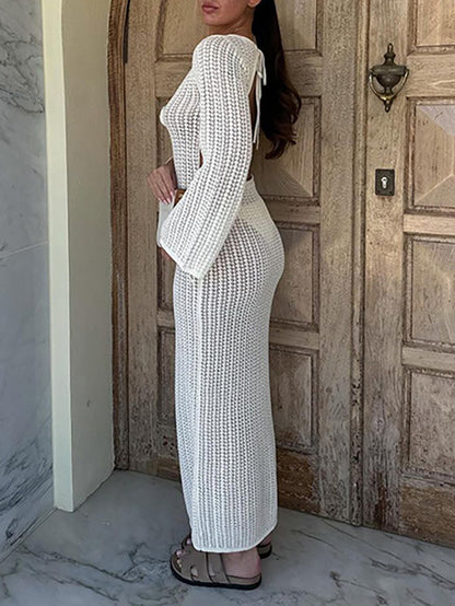 V Neck Backless Knit Beach Maxi Dress