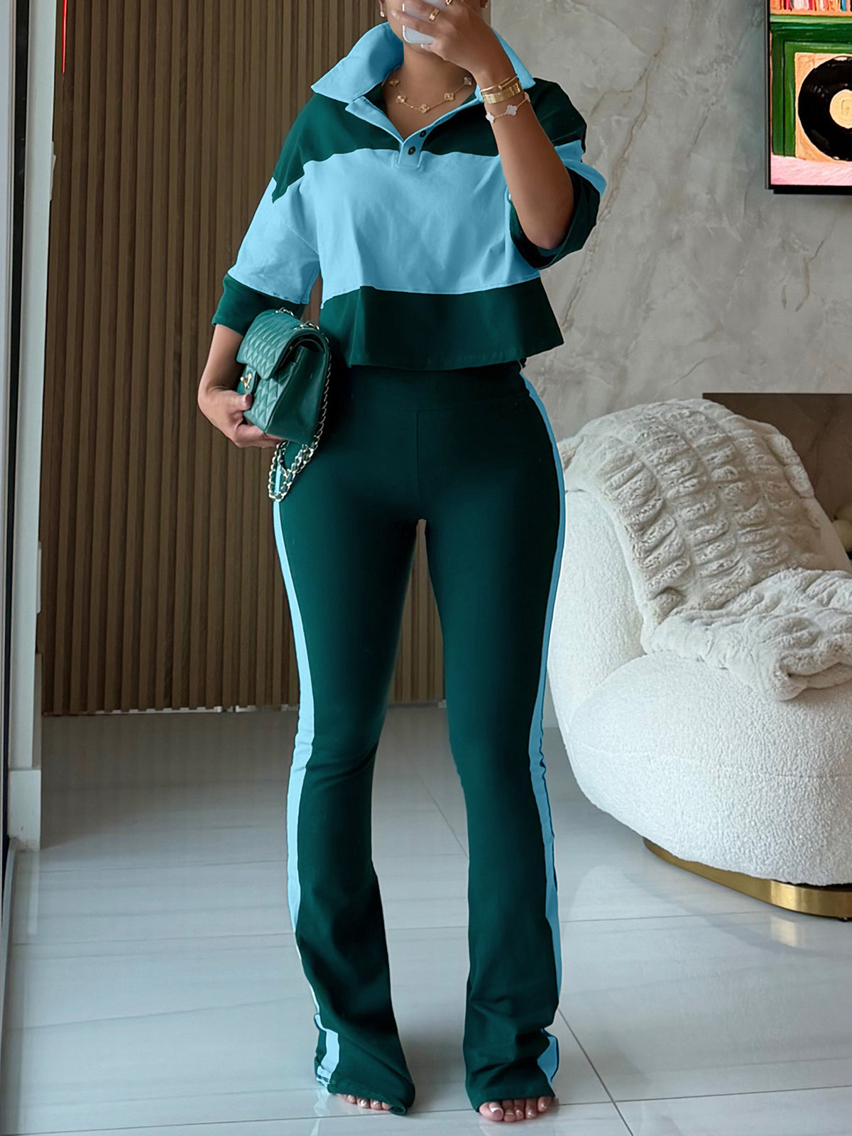 Colorblock Top Flare Pants Set