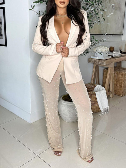 Two Piece Blazer Mesh Beaded Pants Set