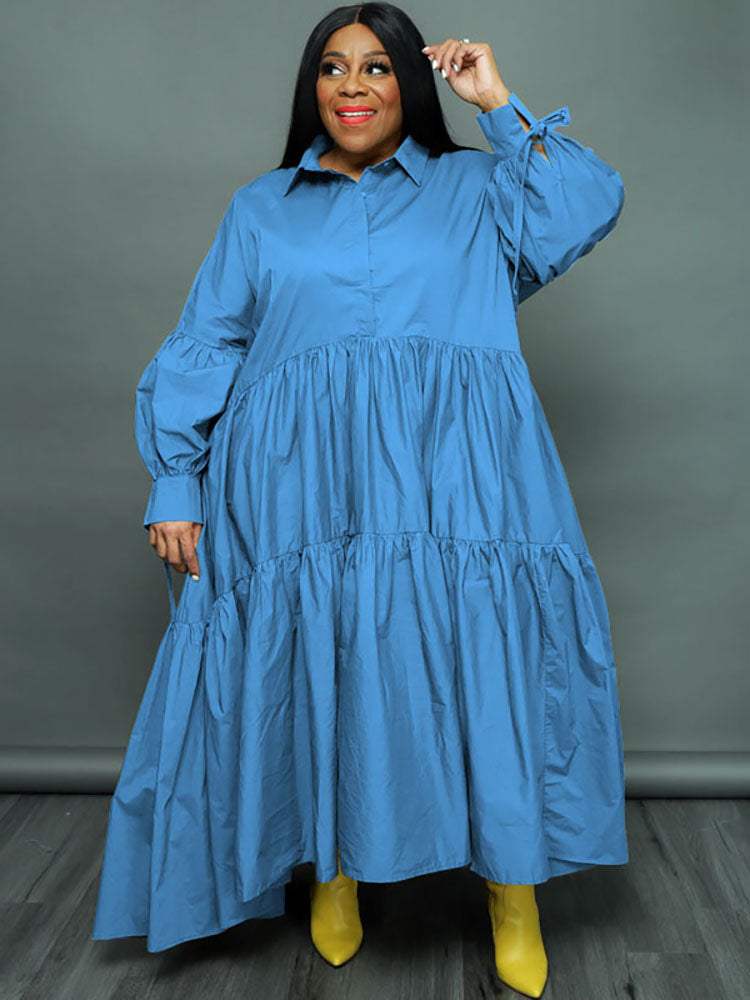 Vestidos largos con dobladillo con volantes y manga larga de talla grande