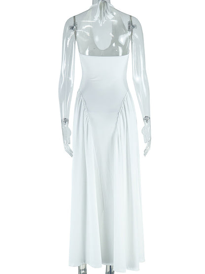 Elegant Halter Neck Solid Color Dress