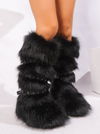Y2K Faux Fur Cross Strap Buckle Boots