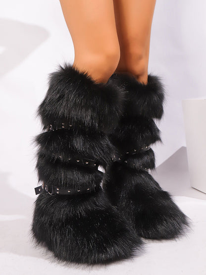 Y2K Faux Fur Cross Strap Buckle Boots