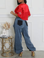 Stripe Patchwork Drawstring Denim Pants