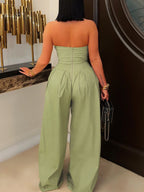 Strapless Button Wide-Leg Jumpsuit