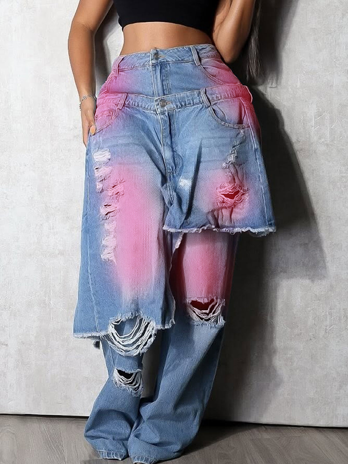 Distressed Gradient Patchwork Wide Leg Jeans