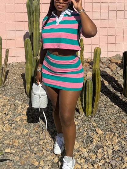 Striped Contrast Crop Top Skirt Set