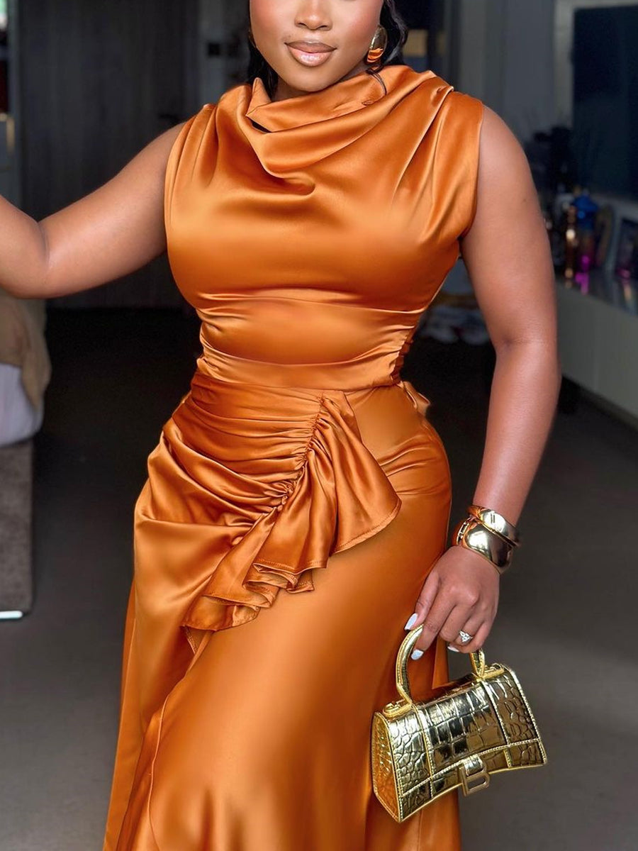 Satin Ruffle Ruched Asymmetrical Dress