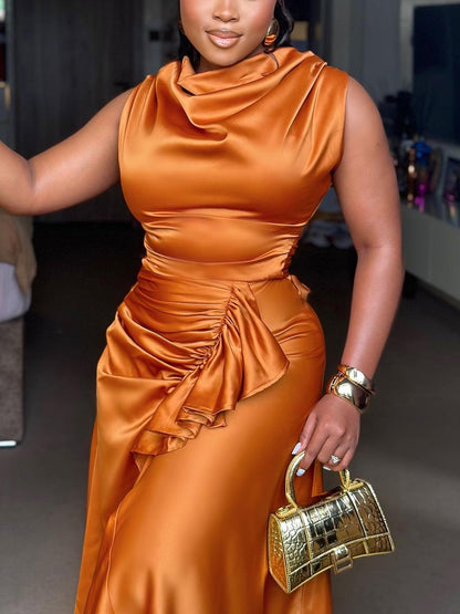 Satin Ruffle Ruched Asymmetrical Dress