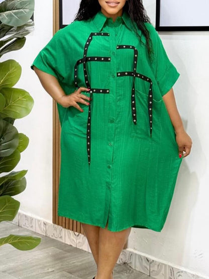 Studded Trim Oversized Shirt Midi Dress