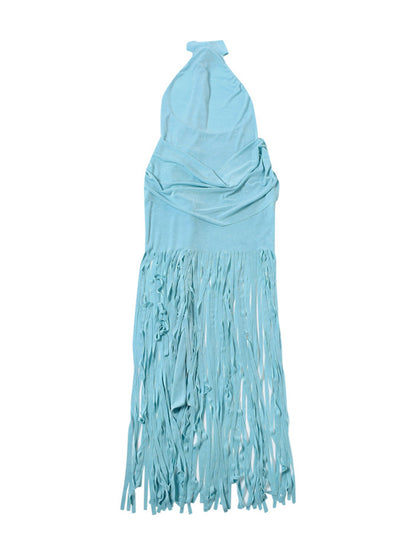 Fringe Halter Backless Ruched Mini Dress