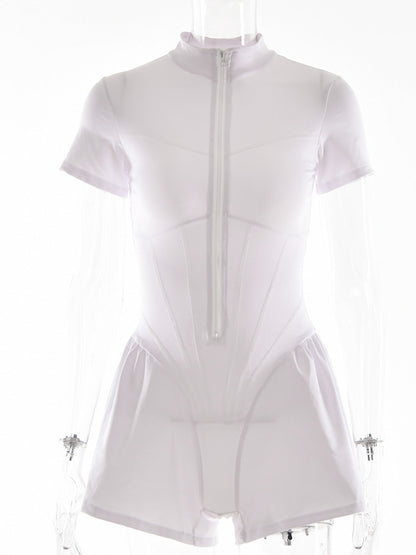 Short Sleeve Zip Front Rompers