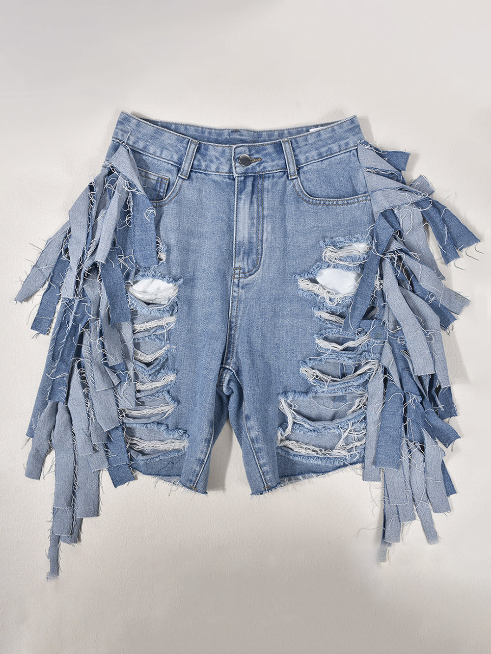 High Waist Distressed Fringe Denim Shorts