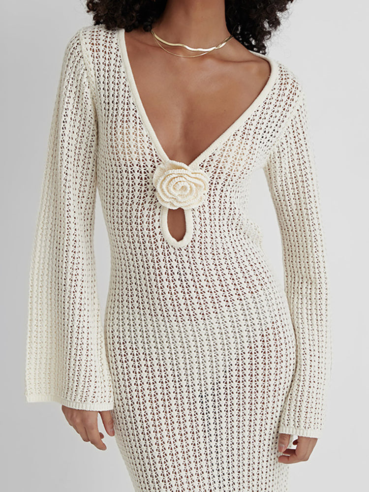 V Neck Backless Knit Beach Maxi Dress