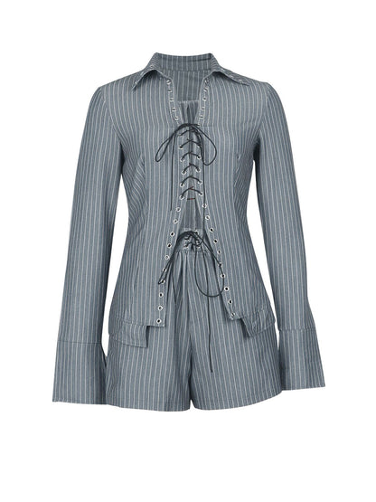 Striped Lace-Up Shirt Shorts Set