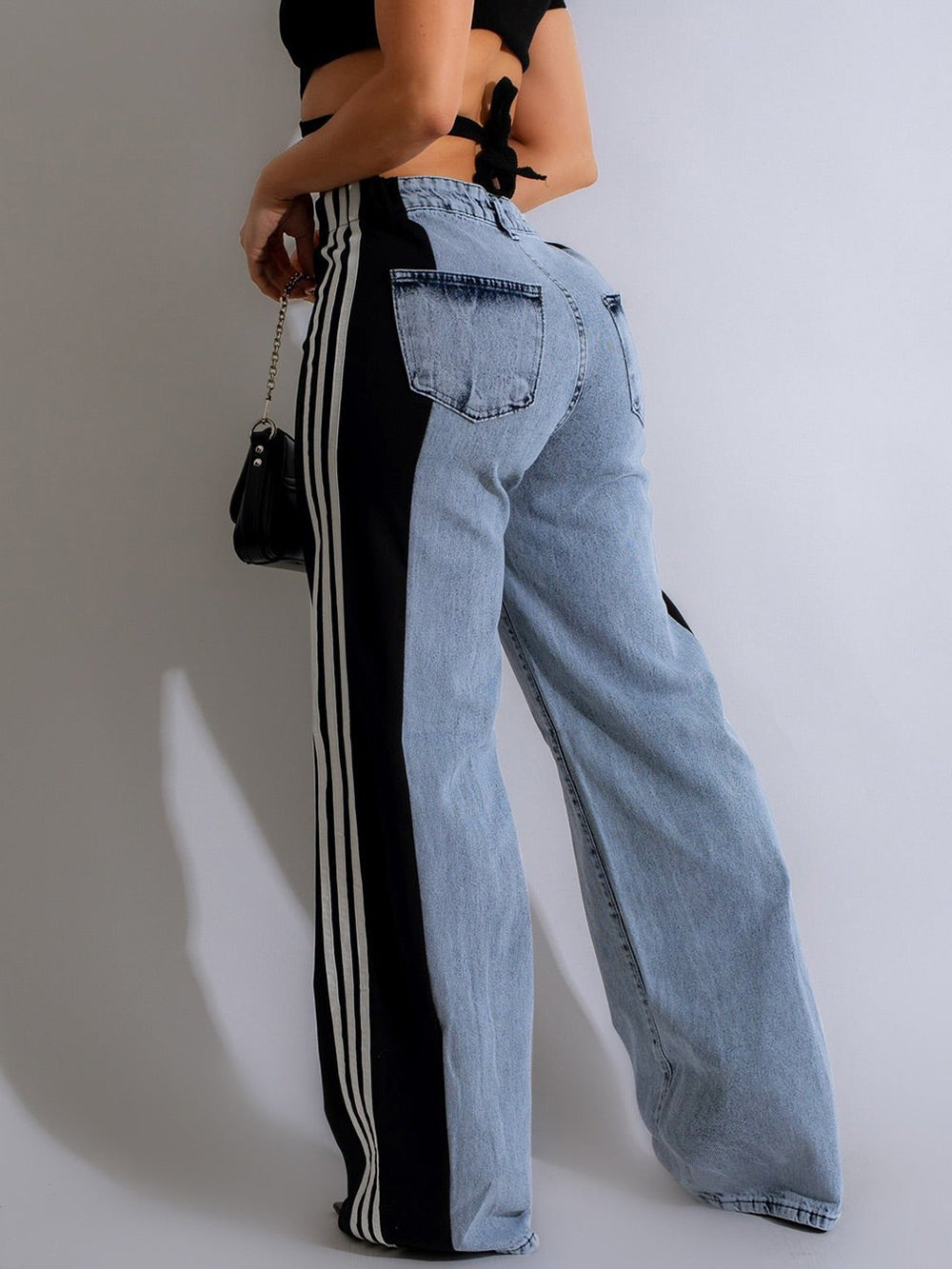 Patchwork Stripe Wide Leg Denim Pants