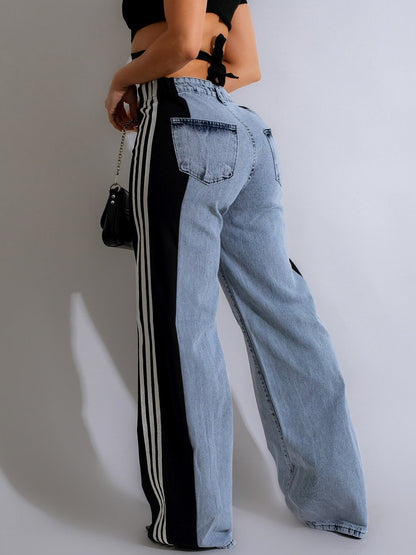 Patchwork Stripe Wide Leg Denim Pants