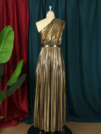 One-Shoulder Glitter Pleated Maxi Dress