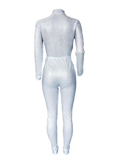 Long Sleeve Sequin Belted Jumpsuit