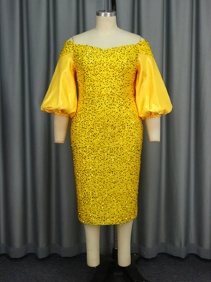 Off-Shoulder Puff Sleeves Sequin Midi Dress