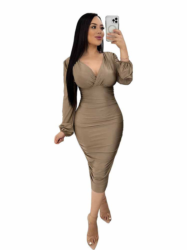 Deep V Neck Long Sleeve Bodycon Ruched Midi Dresses