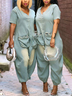 Pockets Bagged Denim Jumpsuit