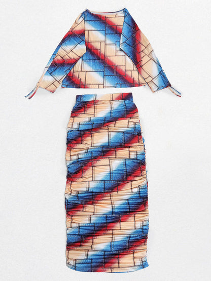 Printed Ruched Long-Sleeve Dress Set