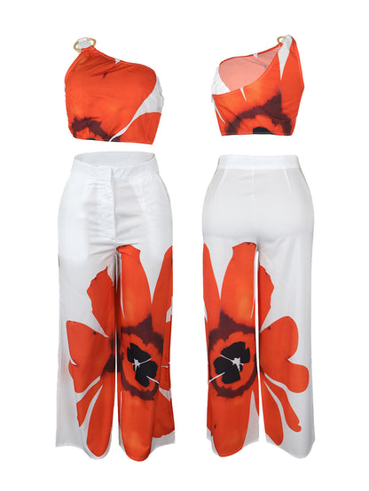 Two Piece One-Shoulder Floral Print Pants Set