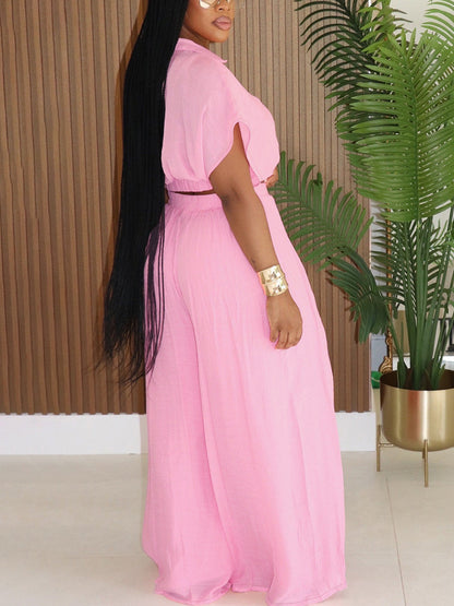 Solid Color Top Wide-Leg Pants Set