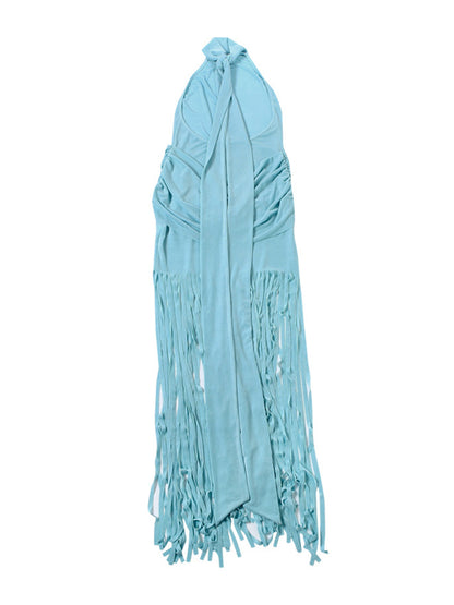 Fringe Halter Backless Ruched Mini Dress